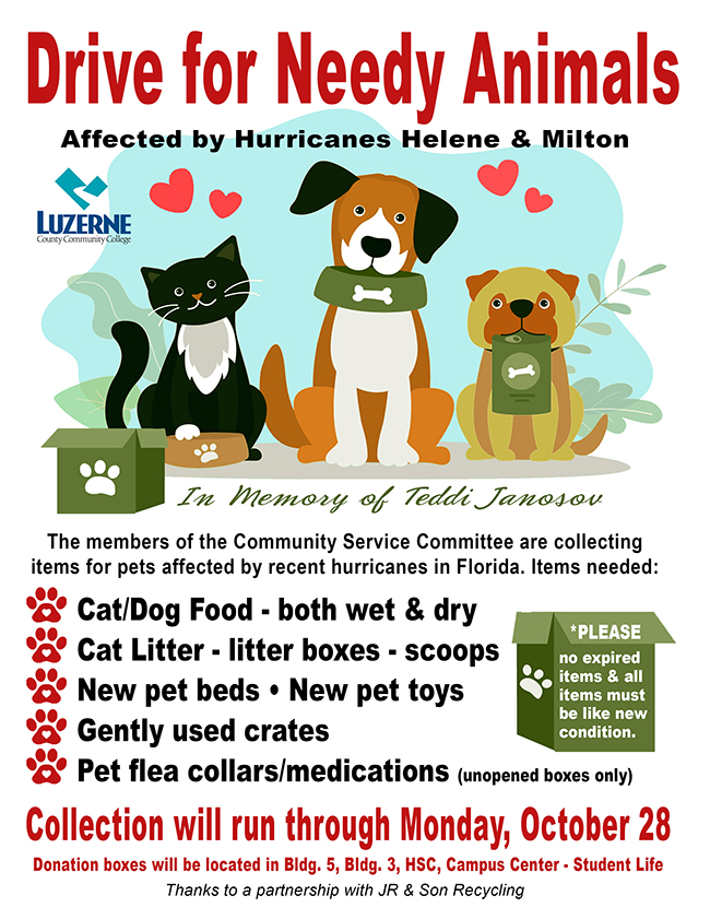 Drive for Needy Animals Affected by Hurricanes Helene & Milton. Collection will run through Monday, October 28