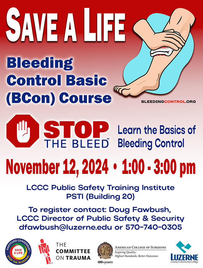 Save A Life Bleeding Control Basic (BCon) Course, LCCC Public Safety Training Institute (PSTI), Building 20, 1:00 p.m - 3:00 p.m